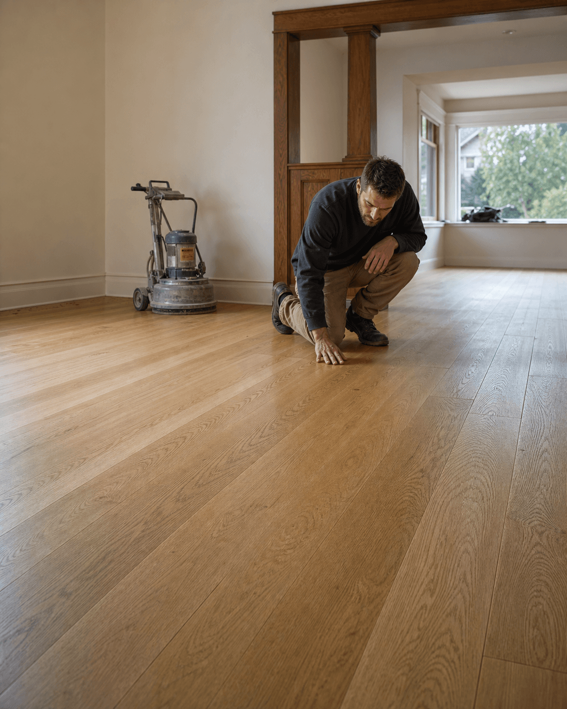 Contractor inspecting a newly refinished oak floor